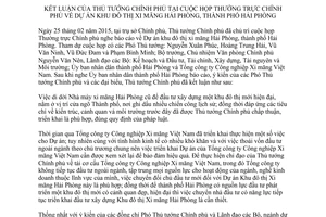 Thông báo 72/TB-VPCP 2015 kết luận của Thủ tướng Chính phủ về Dự án khu đô thị xi măng Hải Phòng