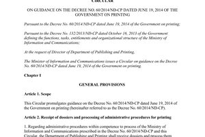 Circular No. 03/2015/TT-BTTTT guidance on Decree No. 60/2014/ND-CP on printing