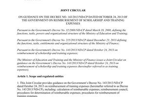 Joint Circular No. 04/2015/TTLT-BGDDT-BTC guidance reimbursement of scholarship training expenses