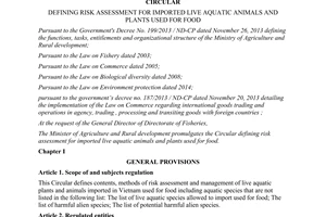 Circular No. 11/2015/TT-BNNPTNT defining risk assessment for imported live aquatic animals