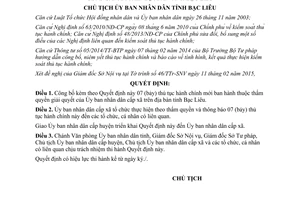 Quyết định 295/QĐ-UBND 2015 thủ tục hành chính thuộc thẩm quyền giải quyết của UBND cấp xã Bạc Liêu