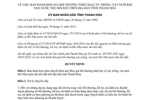 Quyết định 830/2015/QĐ-UBND đơn giá bồi thường thiệt hại cây trồng vật nuôi khi thu hồi đất Thanh Hóa