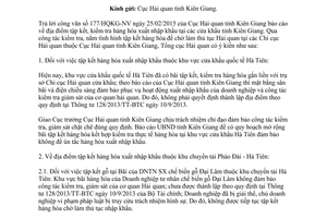 Công văn 1734/TCHQ-GSQL 2015 địa điểm tập kết hàng hóa xuất nhập khẩu tại cửa khẩu thuộc Kiên Giang