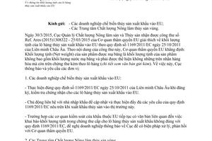 Công văn 834/QLCL-CL1 2015 khối lượng tịnh của lô hàng thủy sản xuất khẩu vào EU