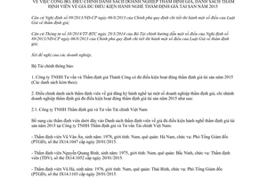 Công văn 220/TB-BTC 2015 danh sách thẩm định viên về giá đủ điều kiện hành nghề thẩm định giá tài sản