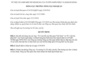 Quyết định 952/QĐ-TCHQ 2015 sửa đổi nội dung của tuyên ngôn phục vụ khách hàng