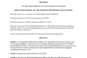 Decision No. 952/QĐ-TCHQ the amendments to client service charter