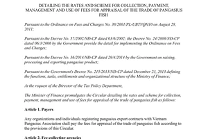Circular No. 46/2015/TT-BTC collection management of fees for appraisal of the trade of pangasius fish