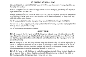 Quyết định 851/QĐ-BNG 2015 ủy quyền nhận hồ sơ hợp pháp hóa lãnh sự trả kết quả tại Hà Giang