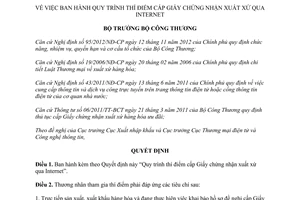 Quyết định 4082/QĐ-BCT 2015 quy trình thí điểm cấp Giấy chứng nhận xuất xứ qua Internet