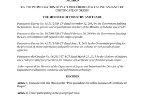 Decision No. 4082/QD-BCT promulgation of pilot procedures for online issuance of certificate of origin