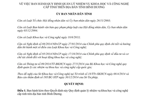 Quyết định 15/2015/QĐ-UBND quản lý nhiệm vụ khoa học công nghệ cấp tỉnh trên địa bàn Bình Dương