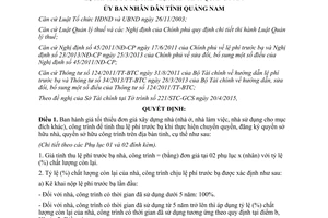 Quyết định 1522/QĐ-UBND đơn giá xây dựng nhà công trình tính thu lệ phí trước bạ Quảng Nam 2015