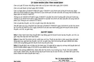 Quyết định 10/2015/QĐ-UBND 2015 Bảng giá lệ phí trước bạ tàu thuyền xe ô tô xe gắn máy tỉnh Nam Định