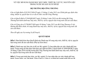 Quyết định 3491/QĐ-BCT 2015 máy móc thiết bị vật tư nguyên liệu trong nước đã sản xuất được