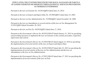 Circular No. 49/2015/TT-BTC customs procedure for mails packages goods through postal services provided