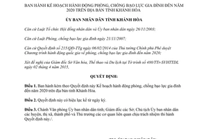 Quyết định 937/QĐ-UBND 2015 Kế hoạch hành động phòng chống bạo lực gia đình 2020 Khánh Hòa