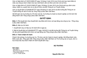 Quyết định 539/QĐ-BTTTT 2015 Phê duyệt điều lệ tổ chức hoạt động Tổng công ty bưu điện Việt Nam