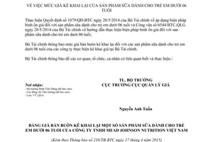 Thông báo 238/TB-BTC 2015 giá kê khai lại sản phẩm sữa dành cho trẻ em dưới 06 tuổi
