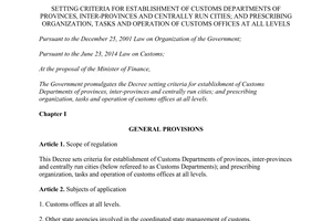 Decree No. 36/2015/ND-CP criteria establishment of Customs Departments operation of Customs Offices