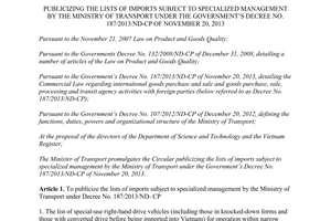 Circular No. 13/2015/TT-BGTVT lists of imports subject to specialized management by Ministry of Transport