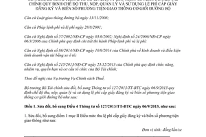 Thông tư 53/2015/TT-BTC sửa đổi 127/2013/TT-BTC phí cấp giấy đăng ký xe cơ giới đường bộ