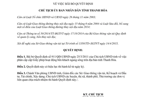 Quyết định 1487/QĐ-UBND 2015 bãi bỏ Quyết định phân cấp Giấy phép hoạt động bến sông Thanh Hóa