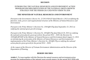 Decision No. 965/QD-BTNMT action program for implementation of the national green growth strategy 2015