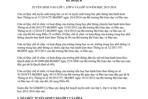 Kế hoạch 876/KH-SGDĐT 2015 Kế hoạch tuyển sinh lớp 1 lớp 6 lớp 10 năm 2015 2016 Cà Mau