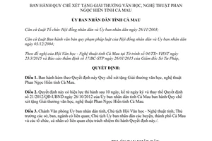 Quyết định 10/2015/QĐ-UBND Quy chế xét tặng Giải thưởng văn học nghệ thuật Phan Ngọc Hiển Cà Mau