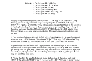 Công văn 3328/TCHQ-TXNK 2015 thực hiện hướng dẫn tại công văn 4582/BCT-XNK và 3415/BCT-XNK