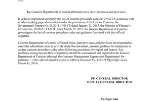Official Dispatch No. 2765/TCHQ-GSQL 2015 regarding customs procedure codes in VNACCS system