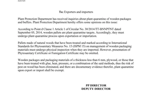 Official Dispatch No. 651/BVTV-KD 2015 regarding plant quarantine for wooden packaging materials
