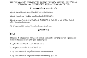 Nghị quyết 951/NQ-UBTVQH13 2015 phê chuẩn bộ máy làm việc của Viện kiểm sát nhân dân tối cao