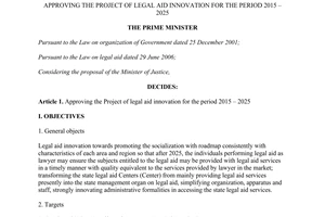 Decision No. 749/QD-TTg 2015 approving the project of legal aid innovation for the period 2015 2025