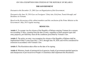 Resolution No. 39/NQ-CP 2015 on visa exemption for citizens of The Republic of Belarus