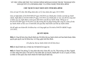 Quyết định 929/QĐ-UBND 2015 công bố thủ tục hành chính mới của Sở Khoa học Công nghệ Hòa Bình