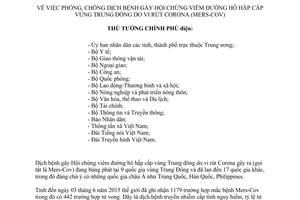 Công điện 790/CĐ-TTg 2015 phòng chống dịch bệnh gây Hội chứng viêm đường hô hấp do vi rút Corona