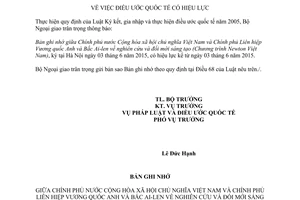 Thông báo 23/2015/TB-LPQT hiệu lực Bản ghi nhớ nghiên cứu đổi mới sáng tạo Việt Nam Anh BắcAilen