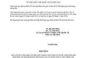 Thông báo 76/2016/TB-LPQT hiệu lực hiệp định tránh đánh thuế hai lần Việt Nam Bồ Đào Nha