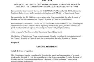 Circular No. 11/2015/TT-BCT transit of goods of China through the territory of Vietnam