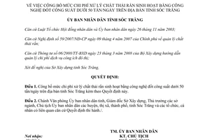 Quyết định 1257/QĐ-UBND 2015 mức chi phí xử lý chất thải rắn sinh hoạt bằng công nghệ đốt Sóc Trăng