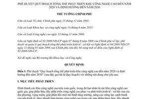 Quyết định 792/QĐ-TTg 2015 Quy hoạch tổng thể phát triển khu công nghệ cao 2020 2030