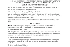 Quyết định 20/2015/QĐ-UBND sửa đổi quản lý xây dựng dự án đầu tư khu du lịch ven biển Bình Thuận