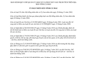 Quyết định 15/2015/QĐ-UBND Quy chế quản lý bảo vệ và phát huy giá trị di tích Cà Mau