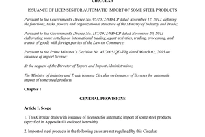 Circular No. 12/2015/TT-BCT issuance of licenses for automatic import of some steel products