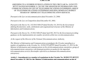 Circular No. 15/2015/TT-BTTTT amending Circular No. 18/2012/TT-BTTTT