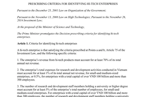 Decision No. 19/2015/QD-TTg prescribing criteria for identifying hi-tech enterprises