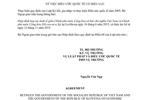 Thông báo 54/2015/TB-LPQT hiệu lực Hiệp định hợp tác kinh tế giữa Việt Nam Xlô-ven-ni-a