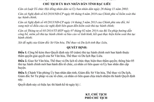 Quyết định 929/QĐ-UBND 2015 công bố thủ tục hành chính thuộc Sở Văn hóa Thể thao Du lịch Bạc Liêu